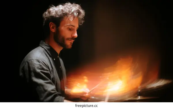 Focused Musician Playing Drums in Studio