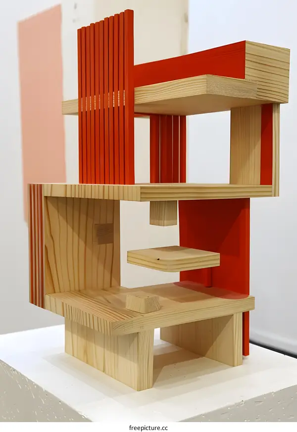 Abstract Wooden Sculpture with Red Accents