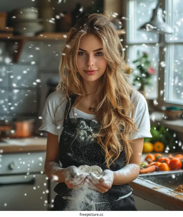 Portrait of a beautiful young woman covered in flour