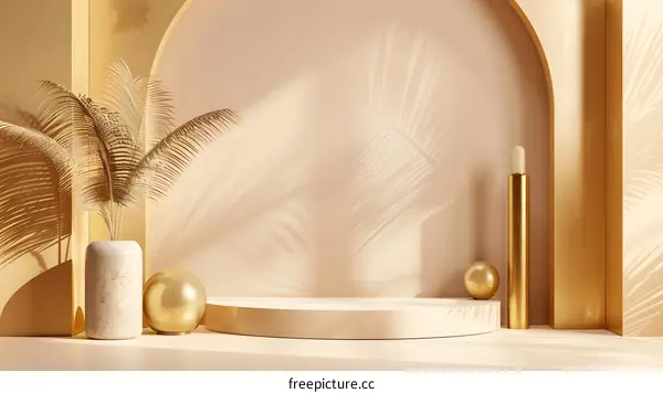 Golden Minimalist Product Display Mockup With Palm Leaf Shadows