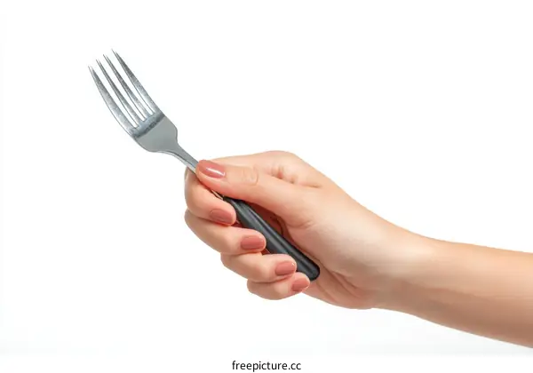 Hand Holding a Fork on a White Background