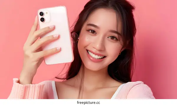 Portrait of Smiling Asian Woman Holding Smartphone