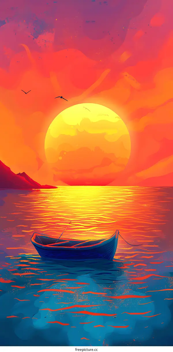 Sunset over the Sea with a Boat
