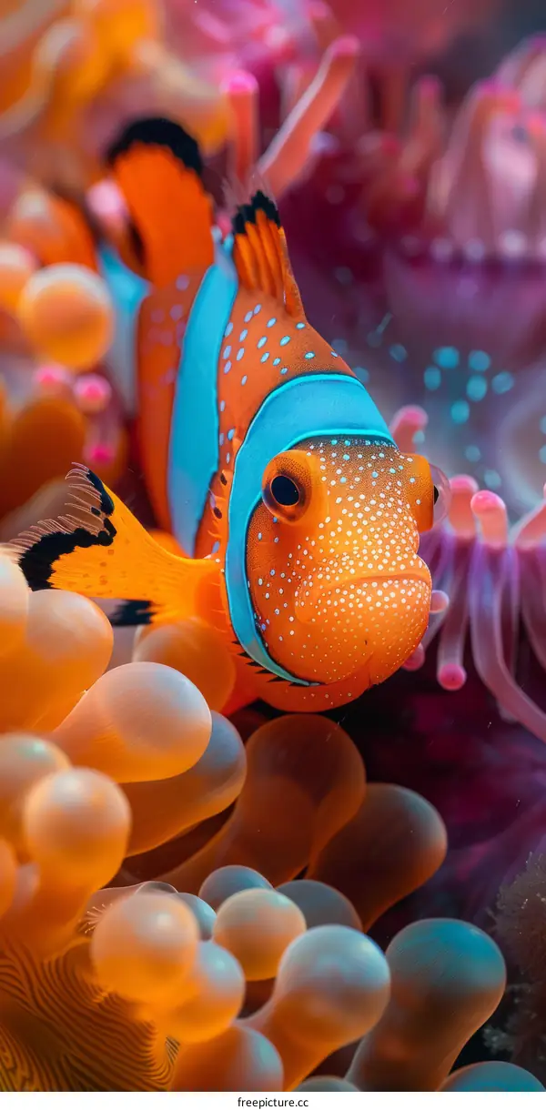 A clownfish swims among the tentacles of a sea anemone.
