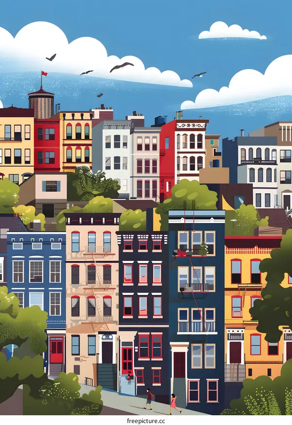 Colorful Row Houses Illustration with People Walking in Front