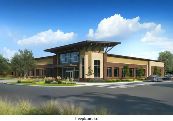 Modern Brick Office Building with Landscaping and Parking Lot