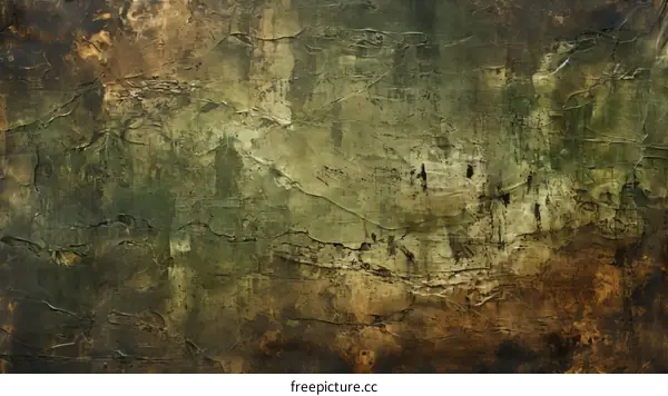 Abstract painting with a textured dark green and brown background