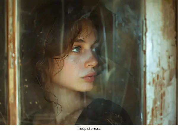 portrait of a beautiful woman looking through a dirty window
