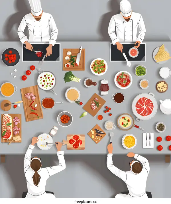 Top View of Chefs Cooking in Kitchen