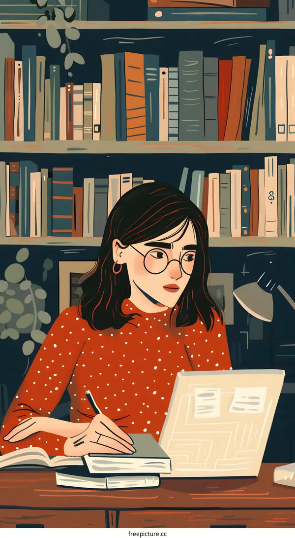 Woman in Red Shirt Reading Book in Library