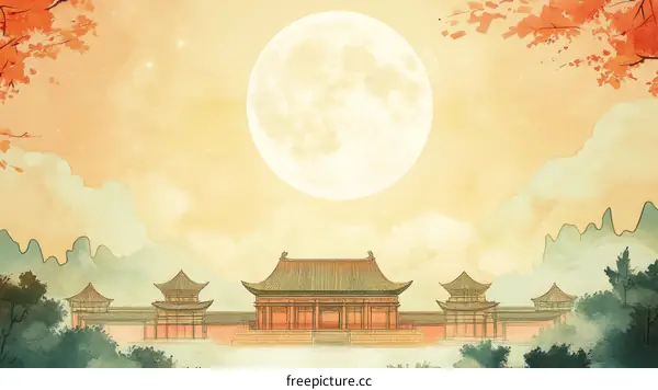 Chinese Ancient Architecture Landscape Illustration with Full Moon