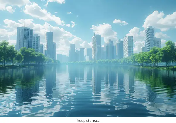 Modern Cityscape by the Water with Lush Green Trees