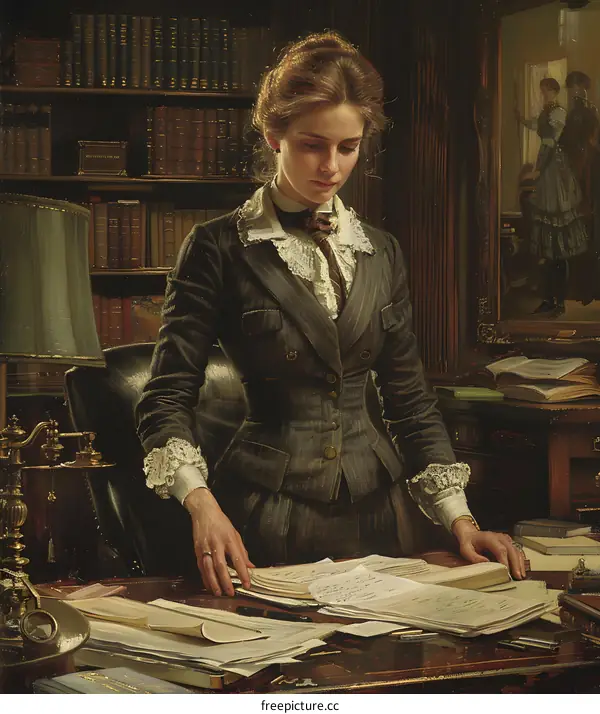 Woman in a Suit Standing at a Desk with Papers and Books