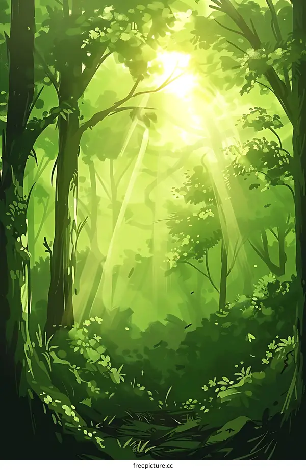 Sunbeams Through The Lush Green Forest