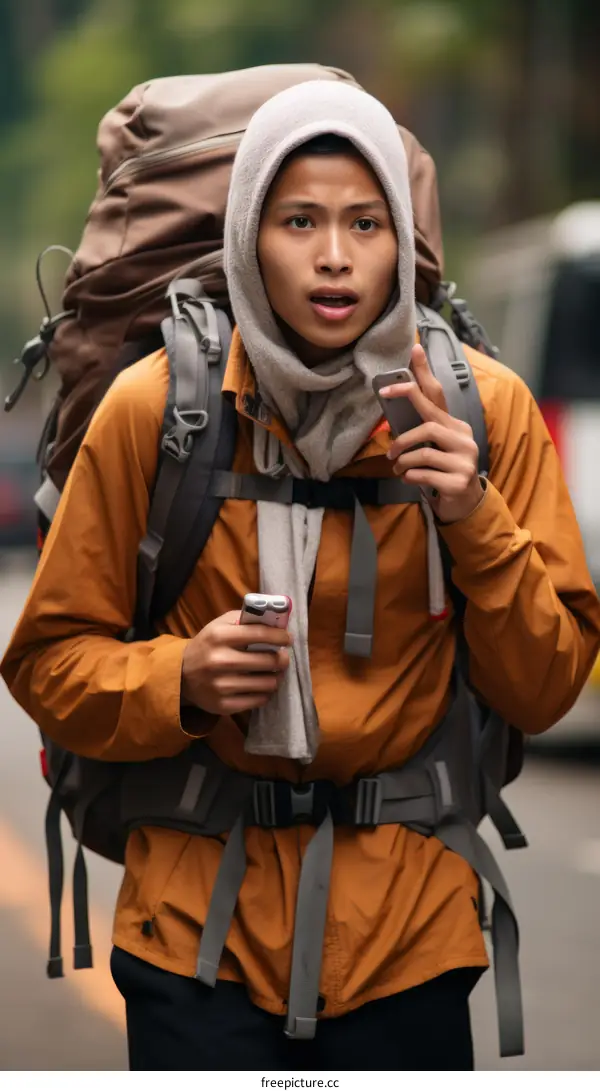 Asian man with a backpack looking at his phone
