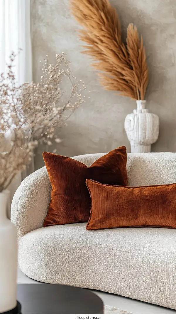 Modern Cozy Living Room Decor with Decorative Pillows and Dried Flowers