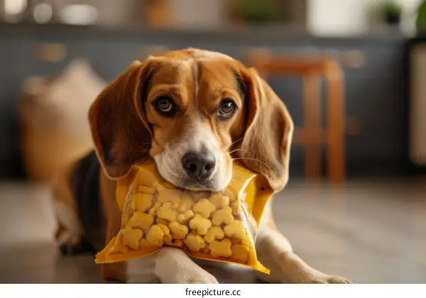 A beagle dog is holding a bag of dog treats in its mouth