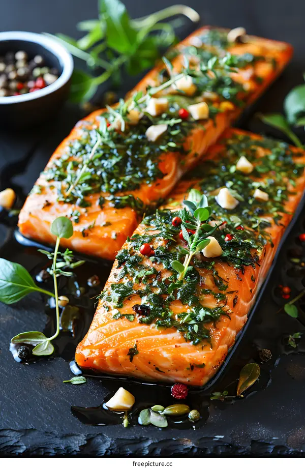 two pieces of salmon garnished with herbs and spices