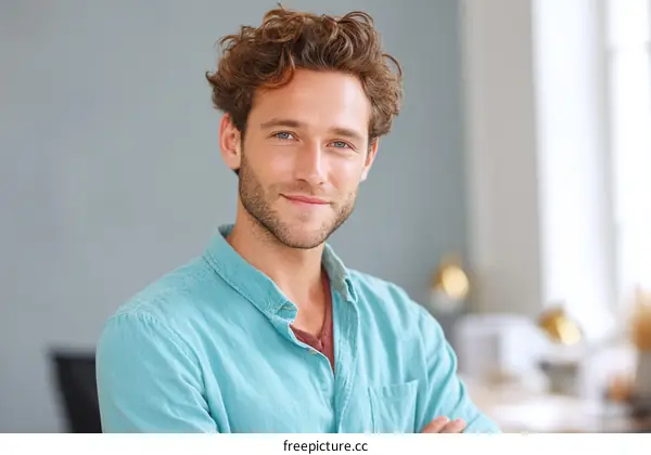 Young man with curly hair wearing blue shirt standing indoors