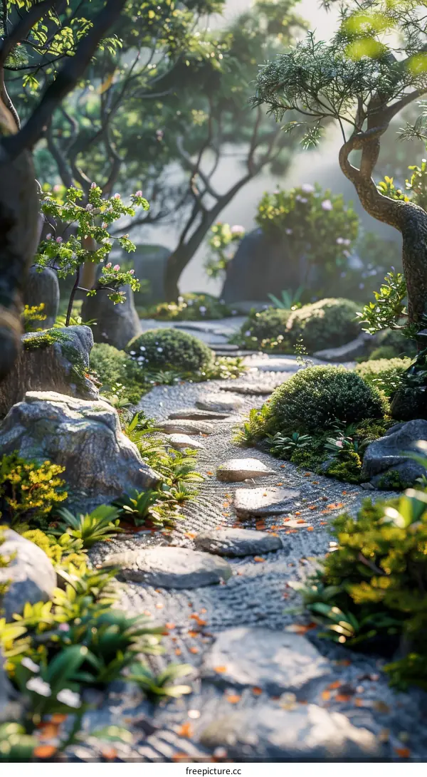 Tranquil Japanese Zen Garden with Stones and Trees