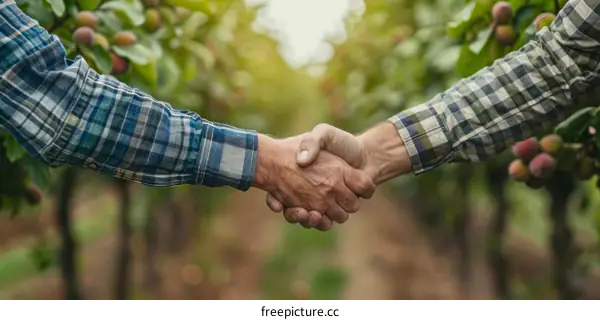 Two farmers shaking hands in an orchard