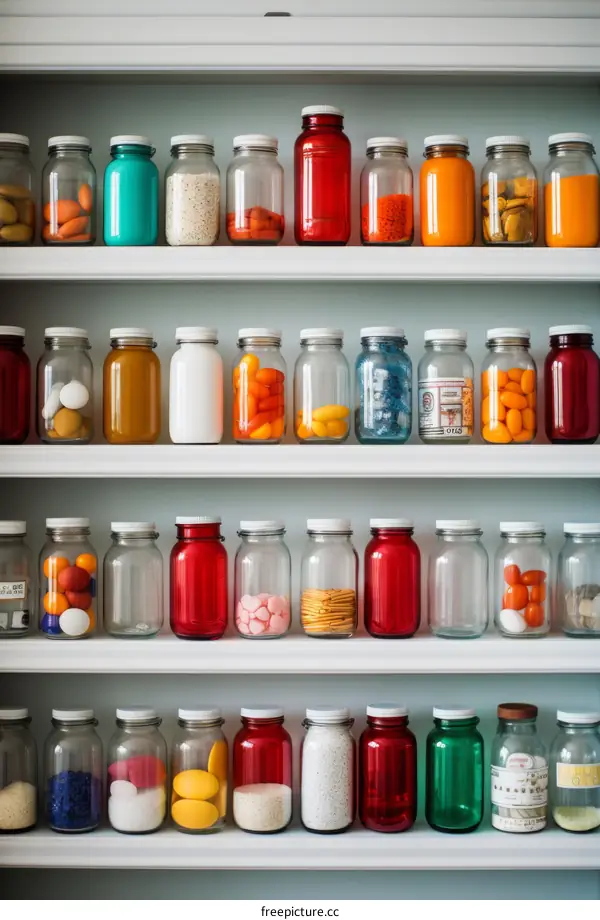 Colorful Glass Jars Arranged on Shelves