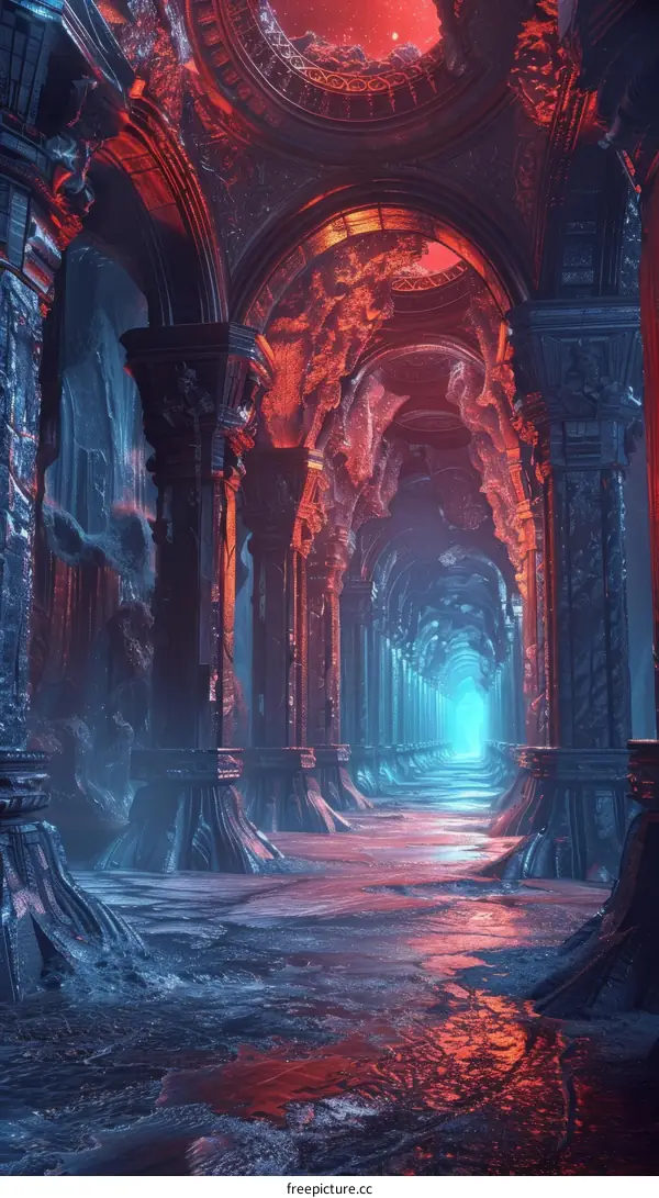 Mystical Fantasy Temple Glowing in Ethereal Red and Blue