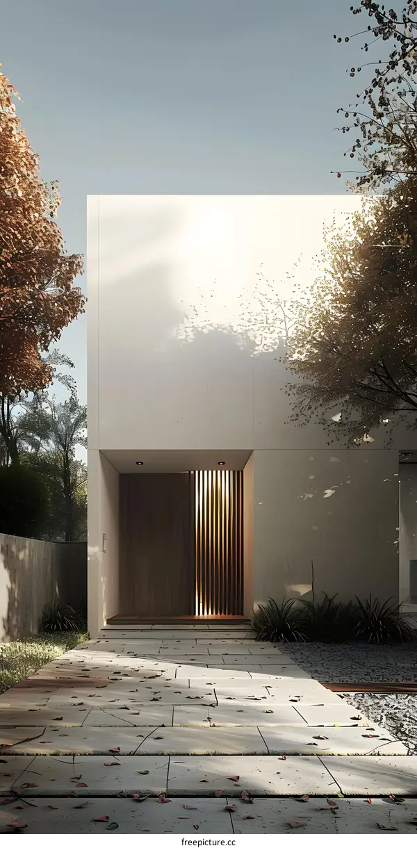 Minimalist Modern House Entrance With Wooden Door and Slatted Wall