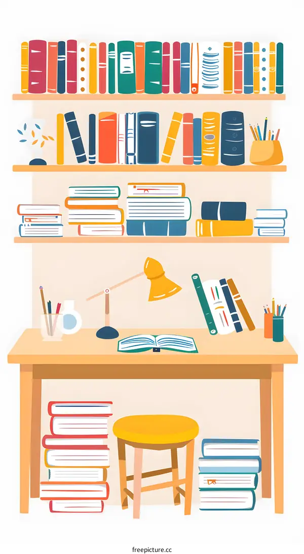 Bookshelf and Desk with Books and Study Supplies in Colorful Illustration