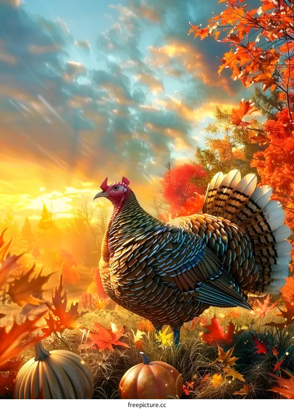 A turkey standing in a field of pumpkins and fall leaves