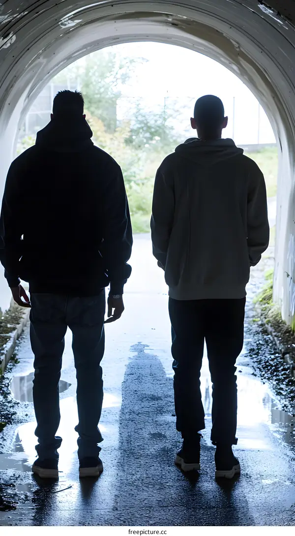 Two Young Men Standing in a Tunnel Looking Out