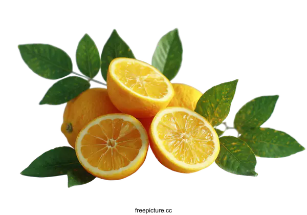 [Transparent Background PNG]Fresh Sliced Lemons with Green Leaves on Light Gray Background