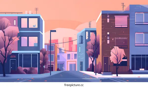 Colorful Illustration of a Quiet Street with Buildings in a City