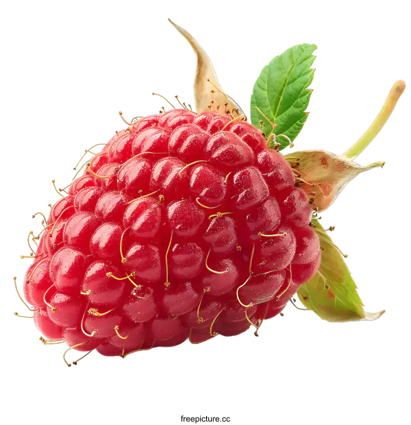 [Transparent Background PNG]Fresh Red Raspberry with Green Leaves