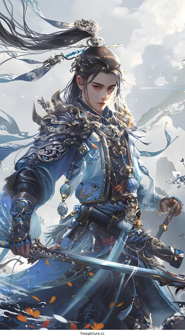 Fantasy Chinese Man with Long Hair Holding Sword