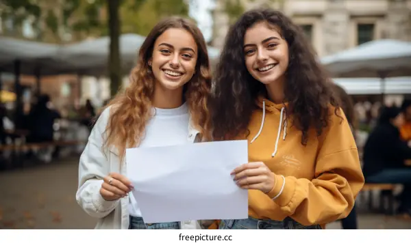 Two young women holding a blank sign