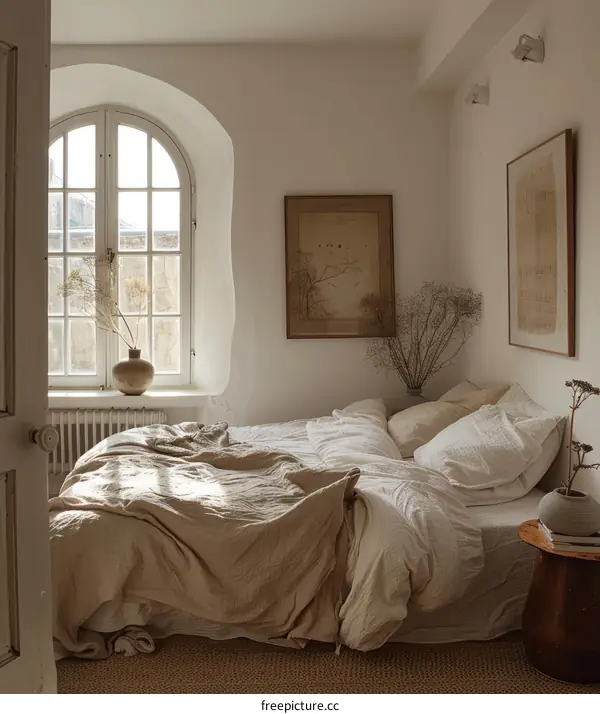 Neutral Color Bedroom with Arched Window