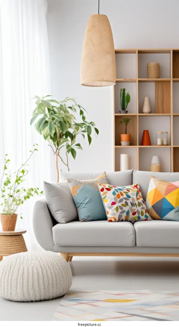 A Comfortable Living Room With A Gray Couch And Colorful Pillows