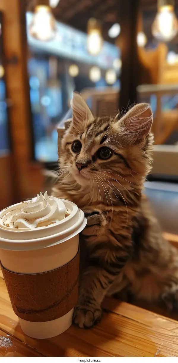 A cute kitten is sitting on a table next to a cup of coffee