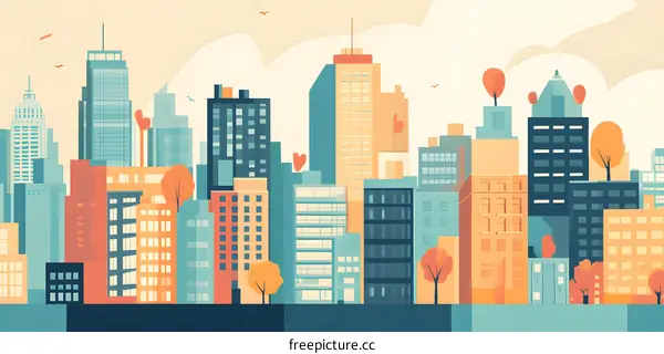 Cityscape with Tall Buildings and Small Trees Illustration