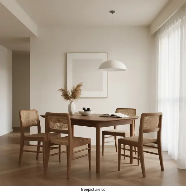 Minimalist wooden dining table with woven chairs in bright room