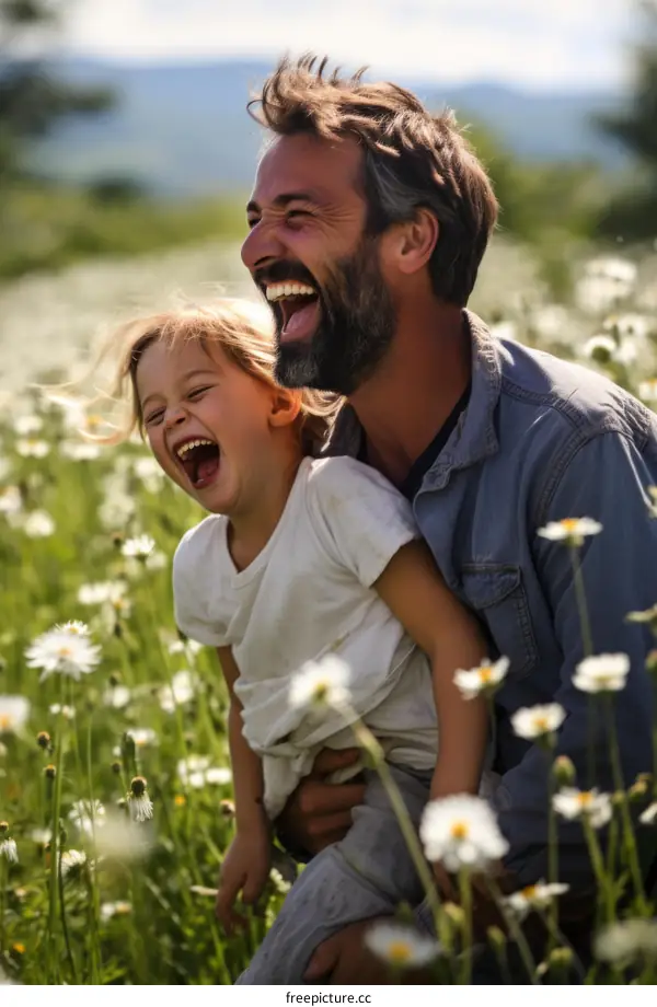 Father and daughter laughing in a field of daisies