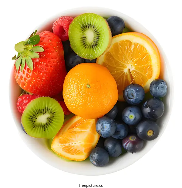 Bowl of Fresh Fruit with Kiwi, Strawberry, Blueberry and Orange