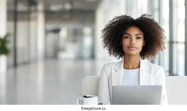 Confident Black Woman Working on Laptop in Modern Office