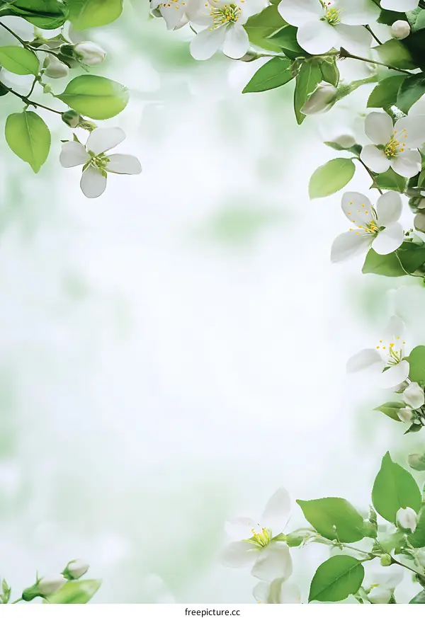 White Flowers Blooming on Green Branches Spring Floral Background