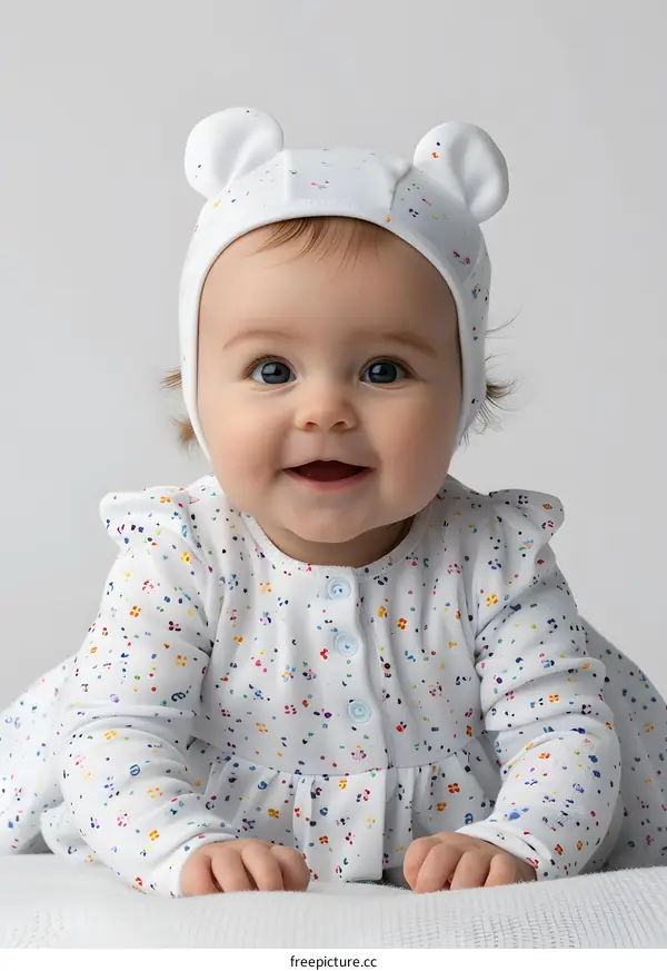Portrait of a smiling baby wearing a colorful hat