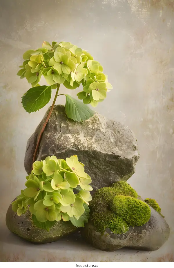 Green Hydrangea Flowers With Moss Covered Rocks