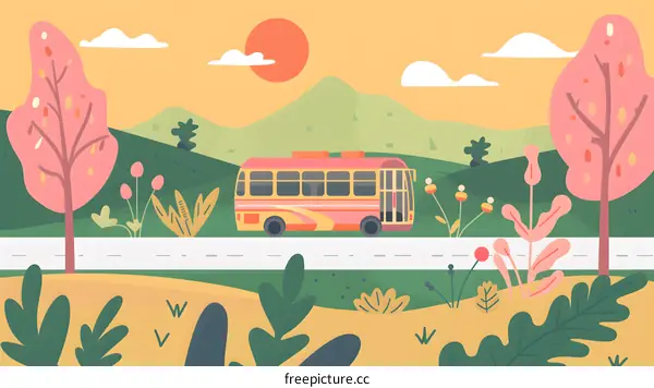 Bus Illustration With Landscape Background