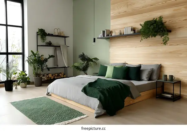 Modern Bedroom with Green Accents and Plants