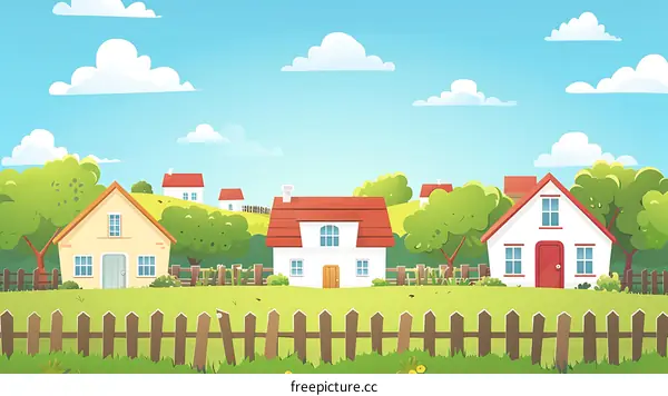Cartoon Illustration of a Village with Houses, Trees, Fence and Blue Sky